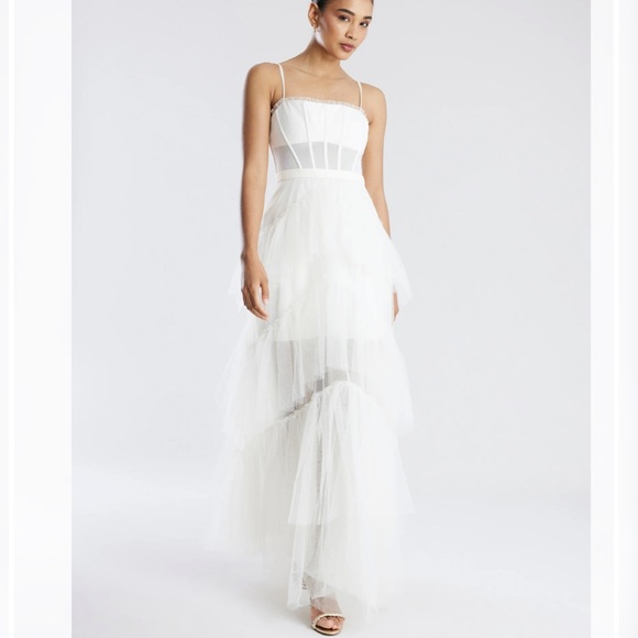BCBGMAXAZRIA White Oly Tiered Ruffle Tulle Evening Gown - Picture 5 of 10